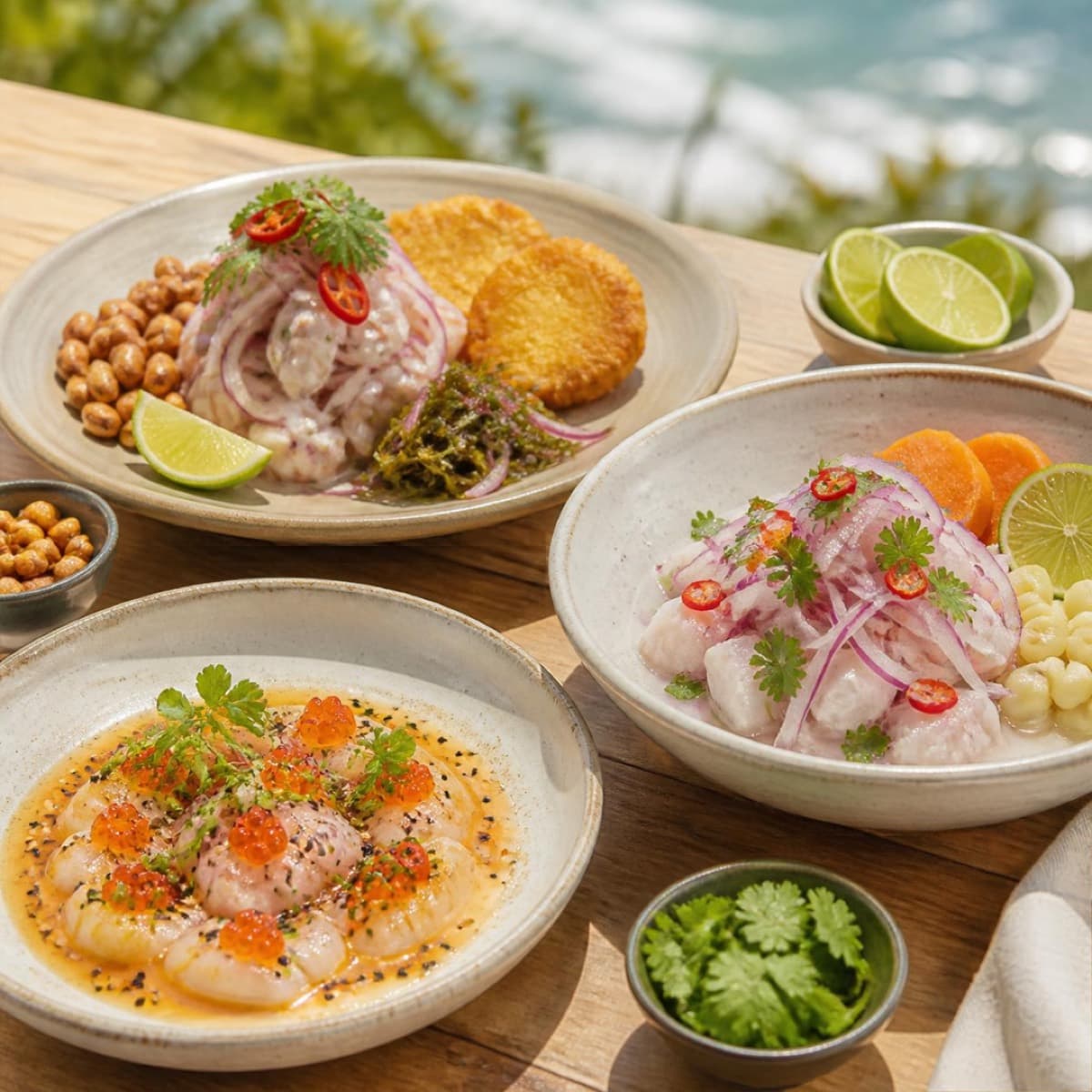 Three Peruvian ceviches